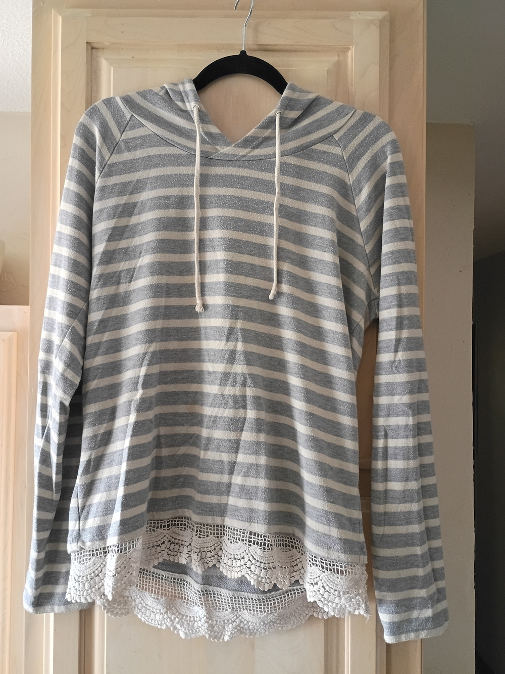 Maurices Gray and White Striped Hooded Sweatshirt with Lace Trim